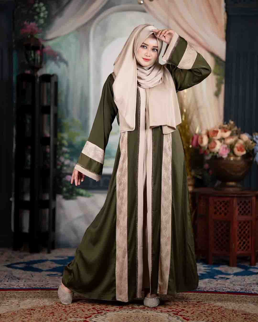 Premium Teal Blue & Beige Zafran Abaya Set with Hijab - Image 16
