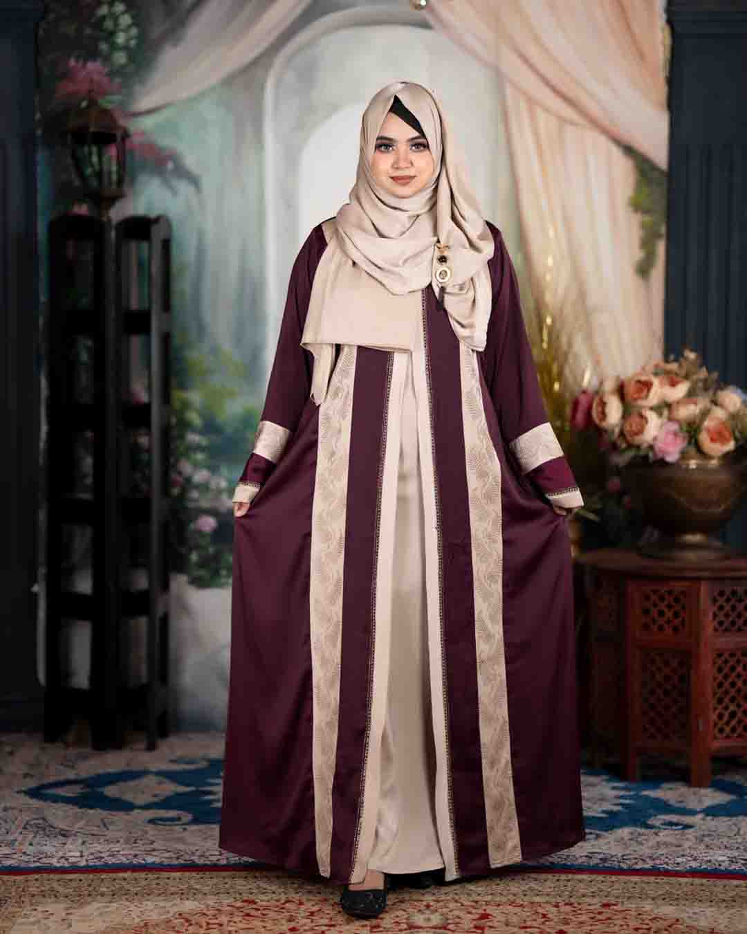 Premium Teal Blue & Beige Zafran Abaya Set with Hijab - Image 15