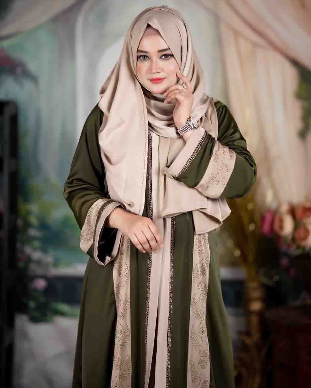 Premium Teal Blue & Beige Zafran Abaya Set with Hijab - Image 9