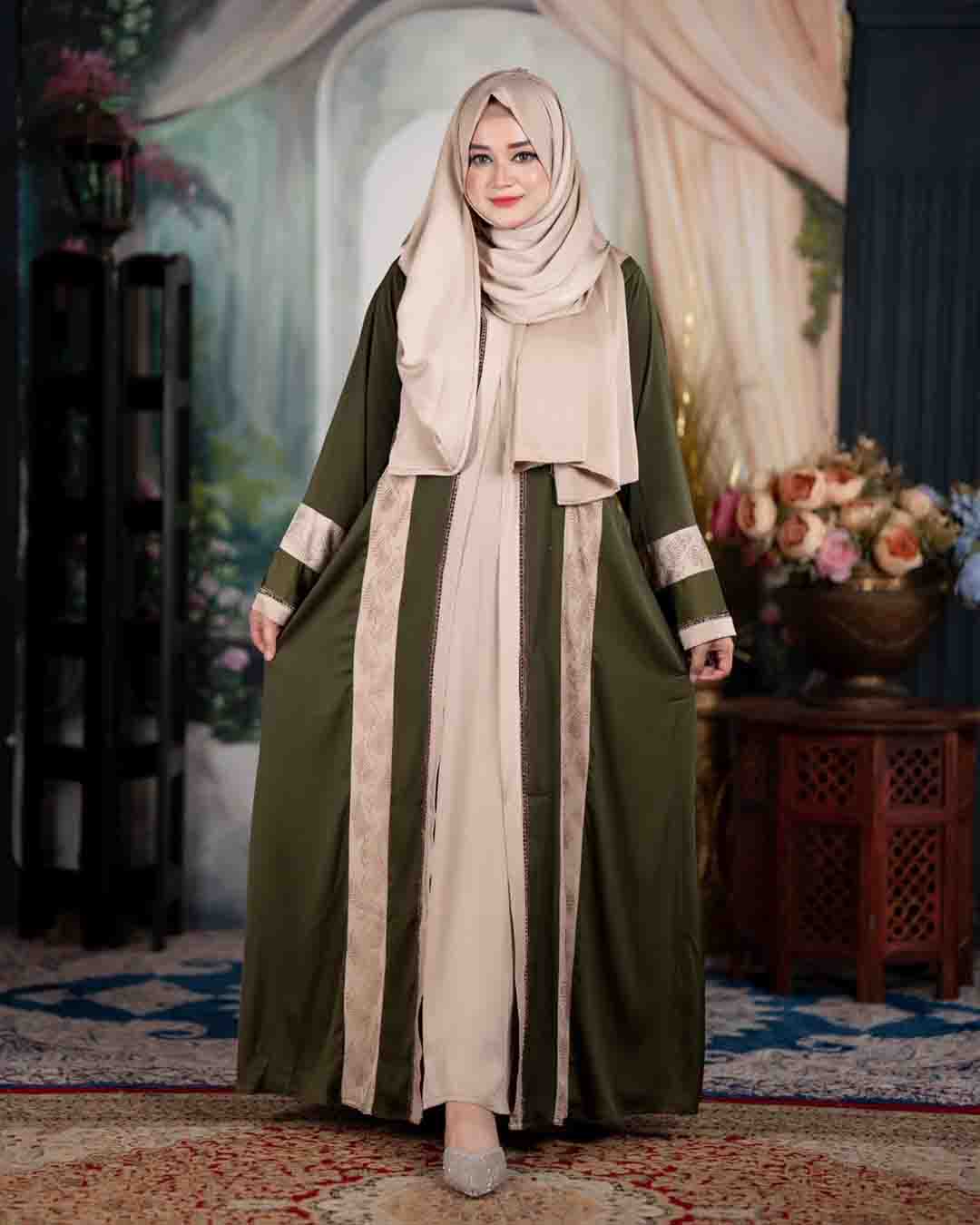 Premium Teal Blue & Beige Zafran Abaya Set with Hijab - Image 10