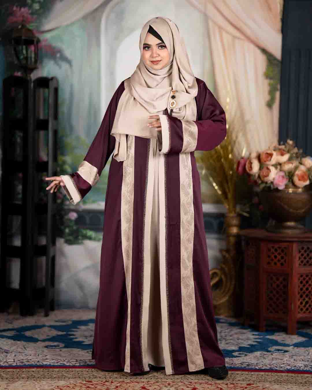 Premium Teal Blue & Beige Zafran Abaya Set with Hijab - Image 11