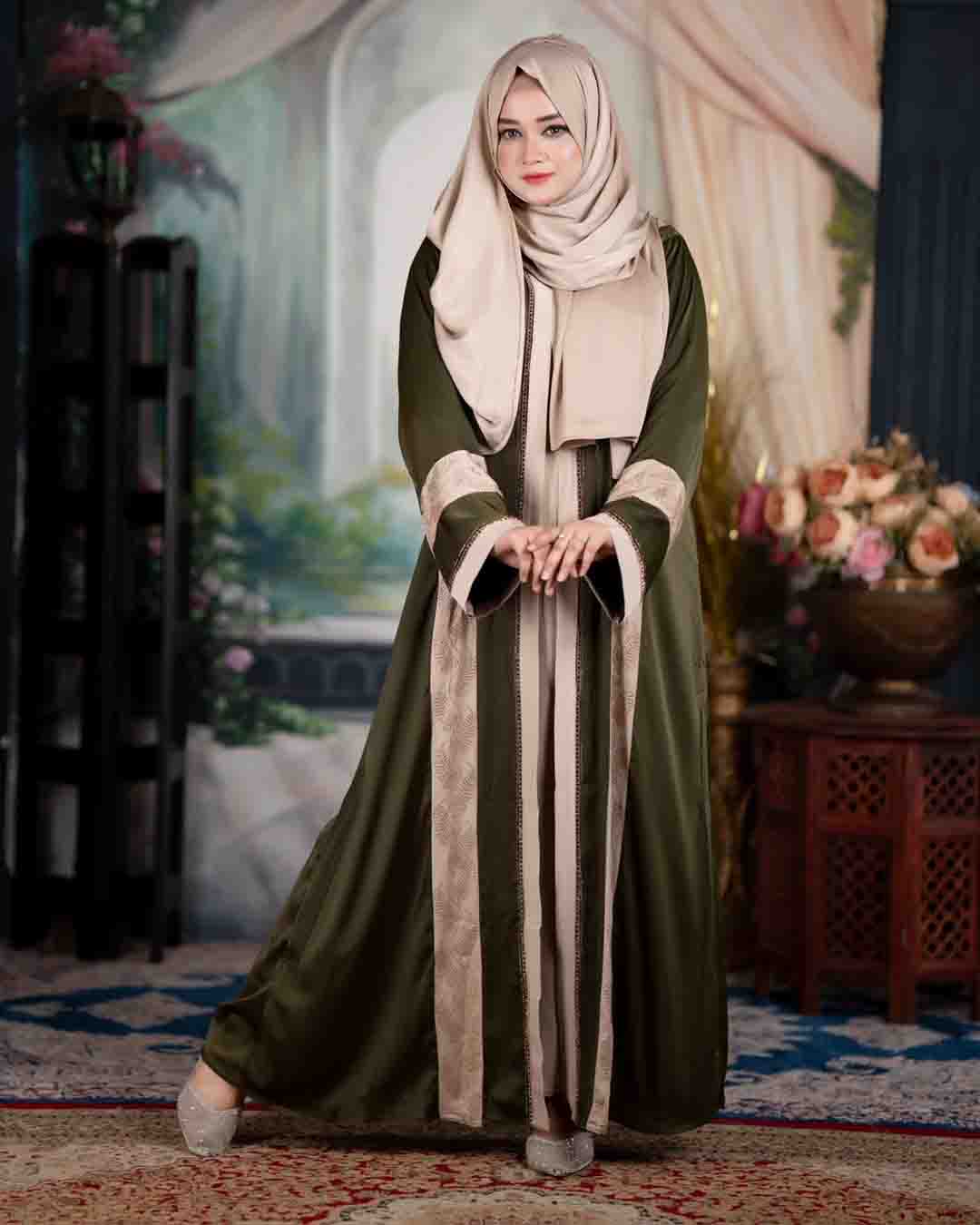 Premium Teal Blue & Beige Zafran Abaya Set with Hijab - Image 12