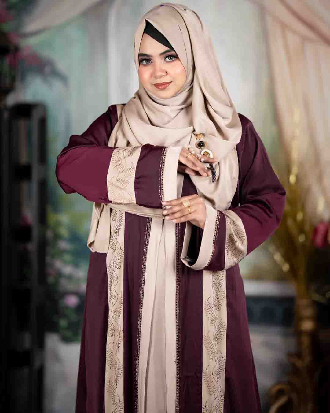 Premium Teal Blue & Beige Zafran Abaya Set with Hijab - Image 13