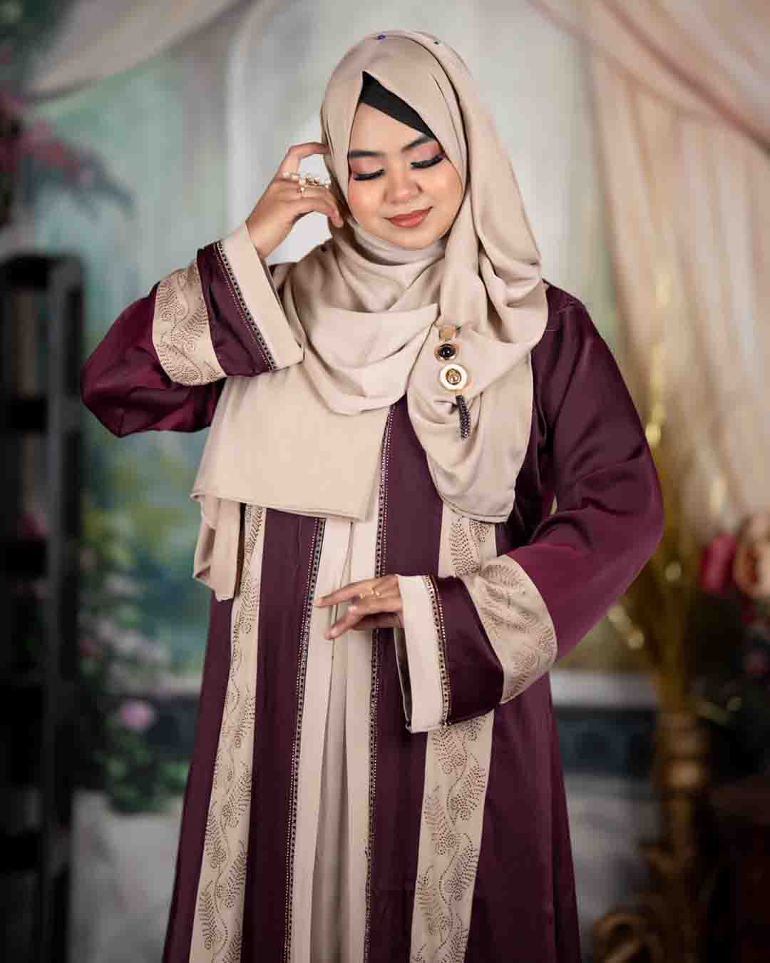 Premium Teal Blue & Beige Zafran Abaya Set with Hijab - Image 14