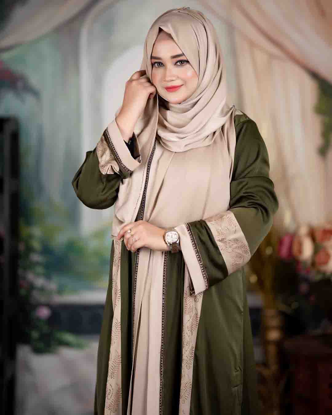 Premium Teal Blue & Beige Zafran Abaya Set with Hijab - Image 8