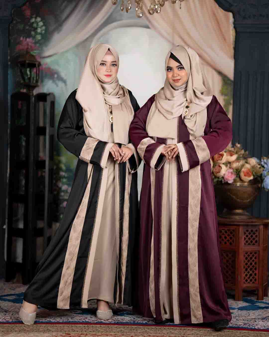 Premium Teal Blue & Beige Zafran Abaya Set with Hijab - Image 7