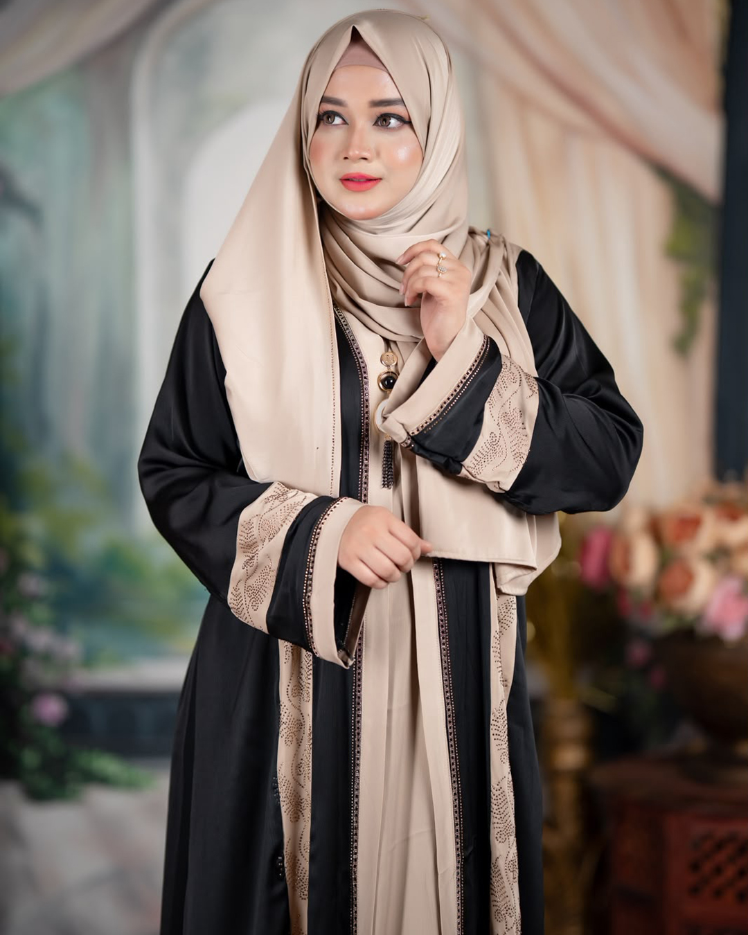 Premium Teal Blue & Beige Zafran Abaya Set with Hijab - Image 5