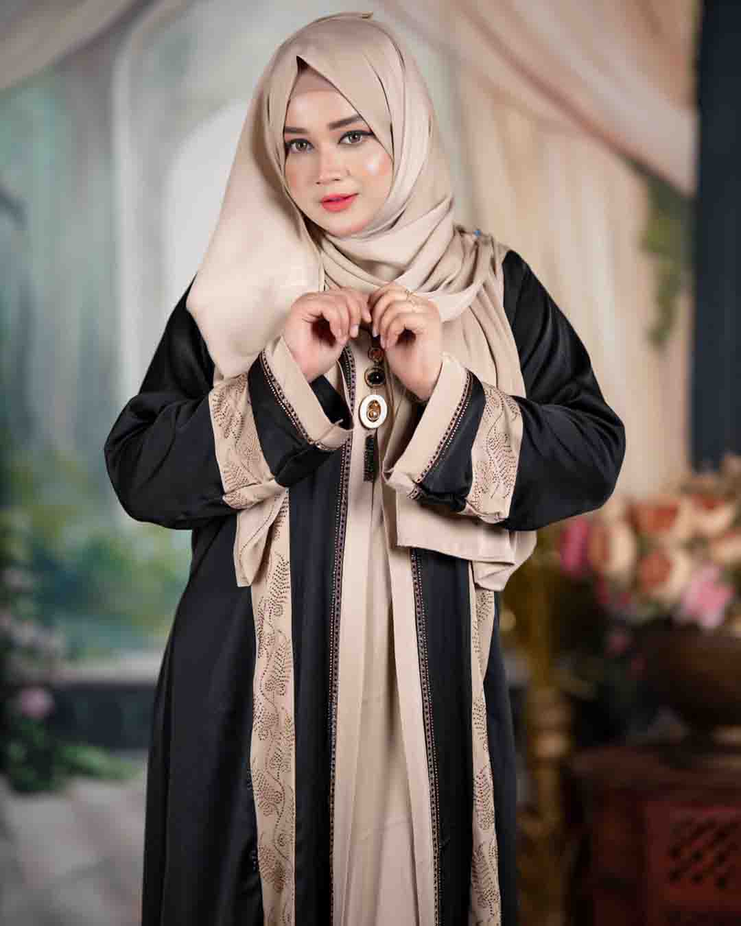 Premium Teal Blue & Beige Zafran Abaya Set with Hijab - Image 4