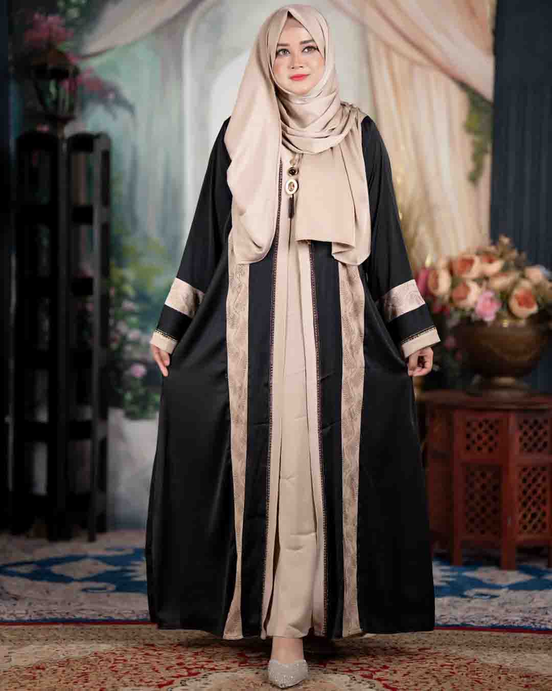 Premium Teal Blue & Beige Zafran Abaya Set with Hijab - Image 3