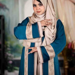 Premium teal blue and beige Zafran abaya set with hijab for women