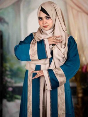 Premium teal blue and beige Zafran abaya set with hijab for women