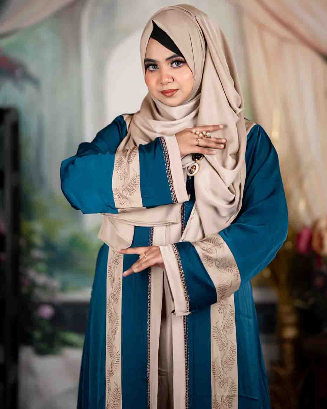 Premium teal blue and beige Zafran abaya set with hijab for women